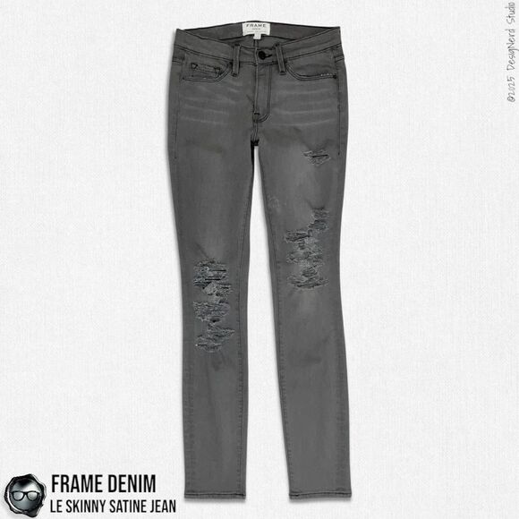 FRAME DENIM LE SKINNY SATINE DESTROYED JEANS IN GREY’S INN DARK GREY SIZE 27 - Picture 1 of 13